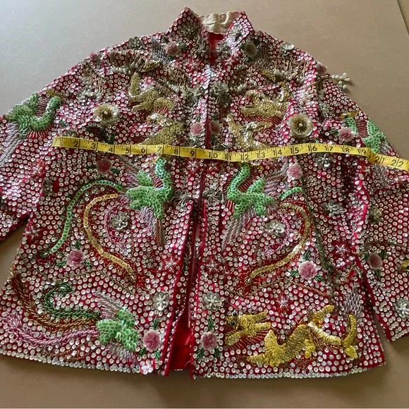 Vintage Custom Handmade Fully Beaded Sequined Traditional Chinese Wedding Dress - Picture 7 of 15